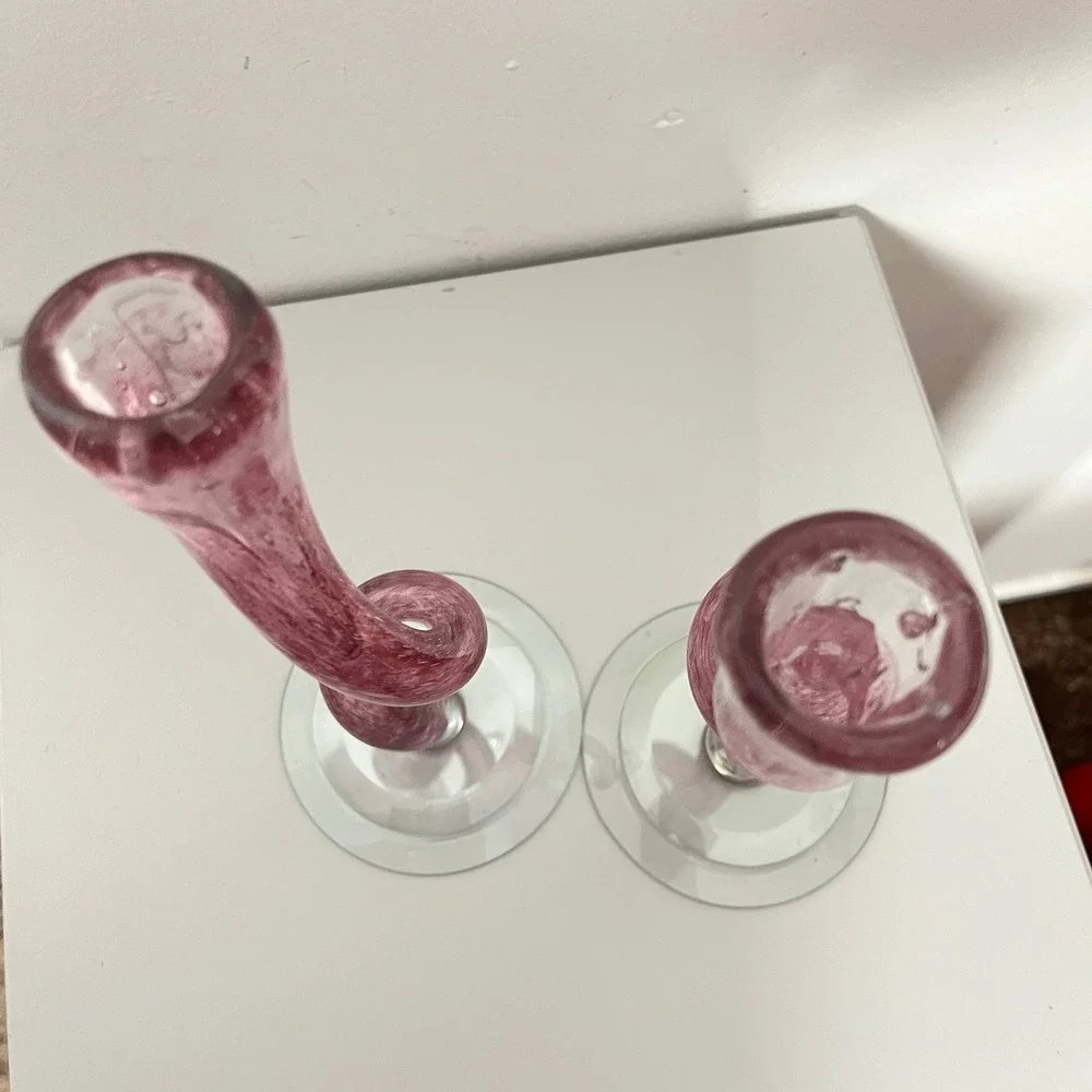 Michael‎ Hudson Candle Holders  Purple Art Glass Twisted Wavy Pair
